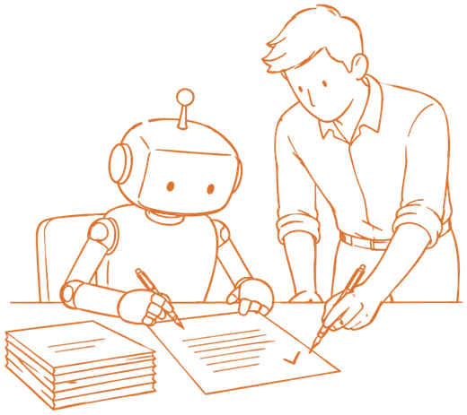 Un robot redacta un documento y una persona, a su lado, lo revisa con su marca de visto bueno