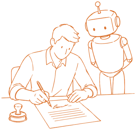 Una persona firma un documento mientras el robot espera a un lado, sin tocarlo