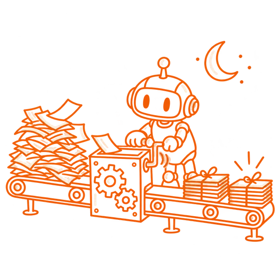 The TintoAI robot turns the crank of a conveyor that turns a pile of papers into tidy bundles, at night