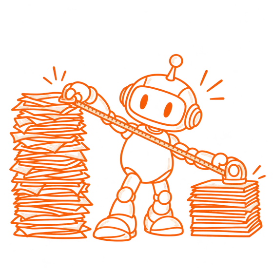 The TintoAI robot measures a tall pile of papers and a short one with the same tape